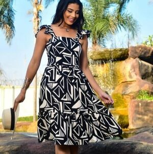 Babydoll Abstract Ruffled Strap Midi Summer Dress By Salty Lemon NWT